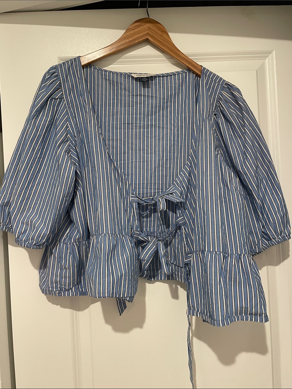 American Eagle Outfitters Blue and White Striped Tie-Front Peplum Top xxl